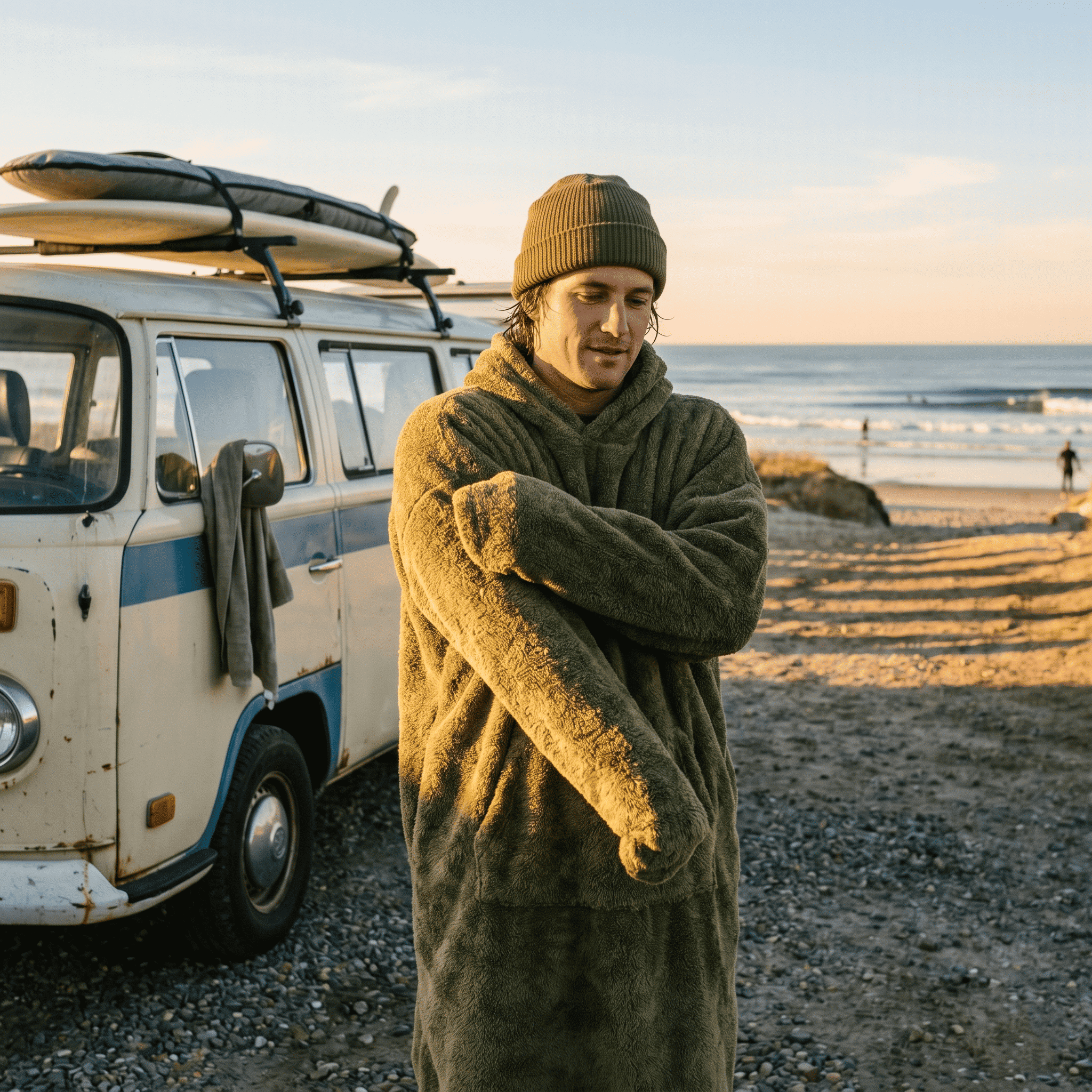 Surf poncho for changing in the parking lot: privacy, comfort, and the end of the towel shuffle in winter.