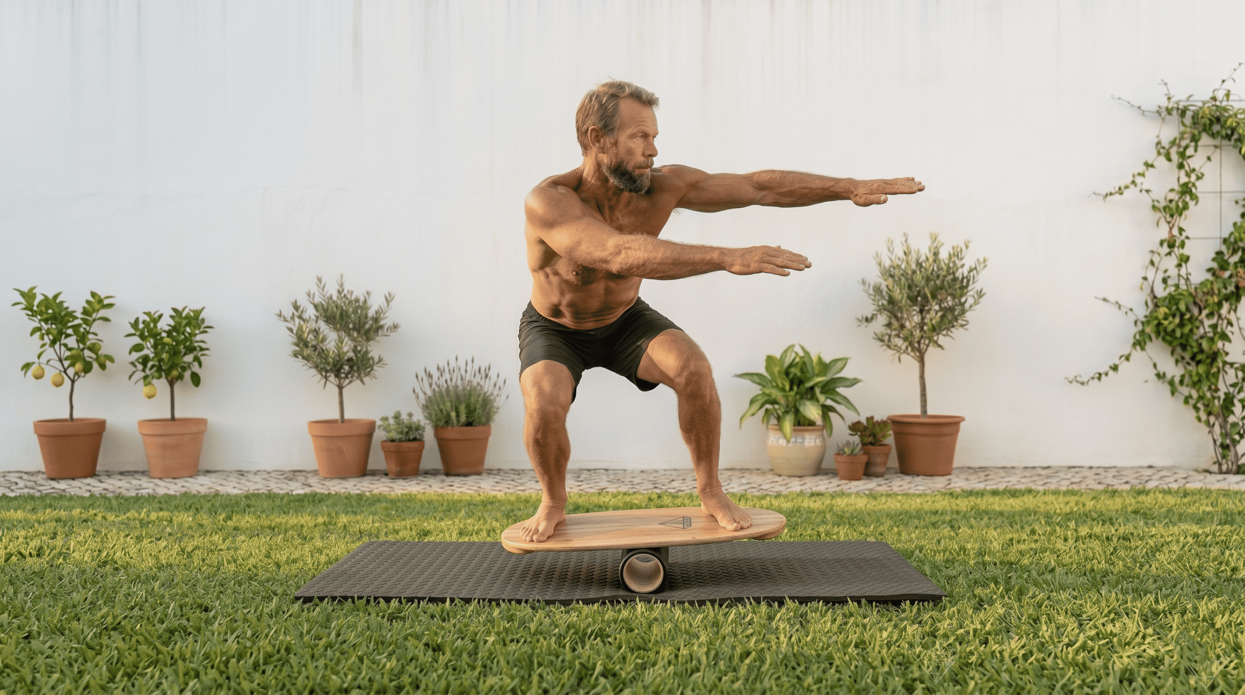 Pop-up drills for train for surfing: A close-up wide shot of a surfer practicing a rapid takeoff stance on a concrete floor at dawn.