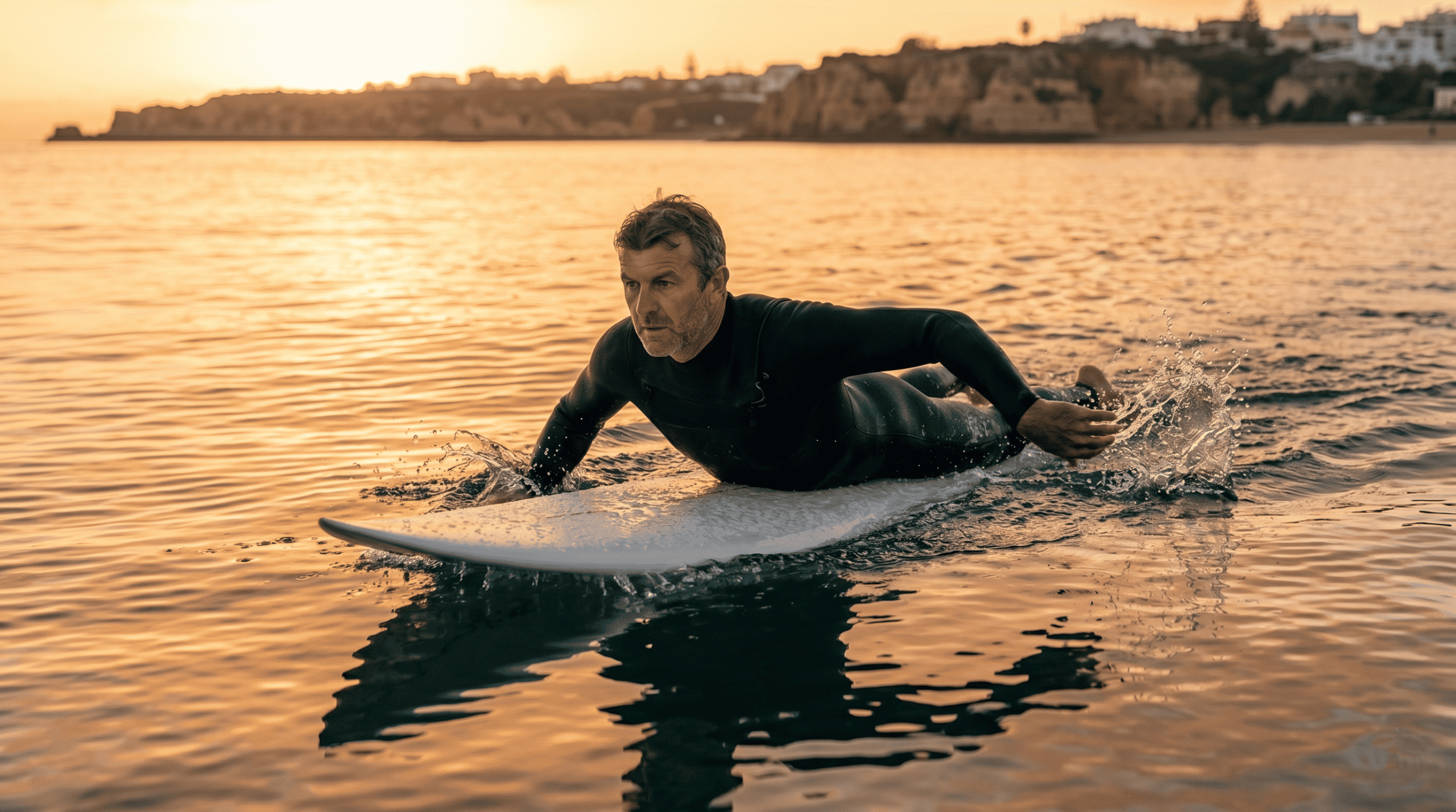 Improve Your Paddling Strength: Flat-water paddling training for surf fitness: A surfer executing high-intensity sprint intervals in a calm coastal harbor at sunset.