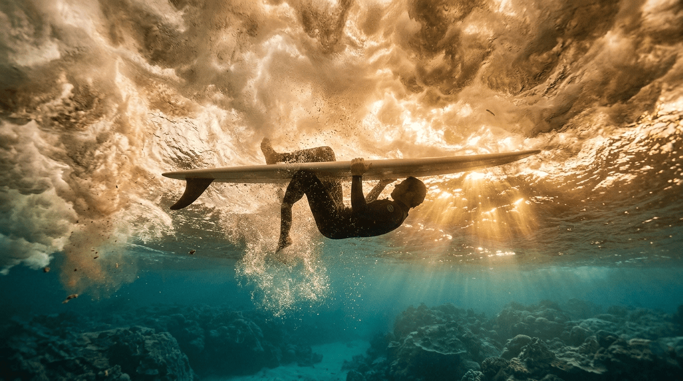 Duck dive vs turtle roll, Longboard turtle roll technique: An underwater wide-angle view of a surfer hanging beneath an upside-down surfboard as white water passes.