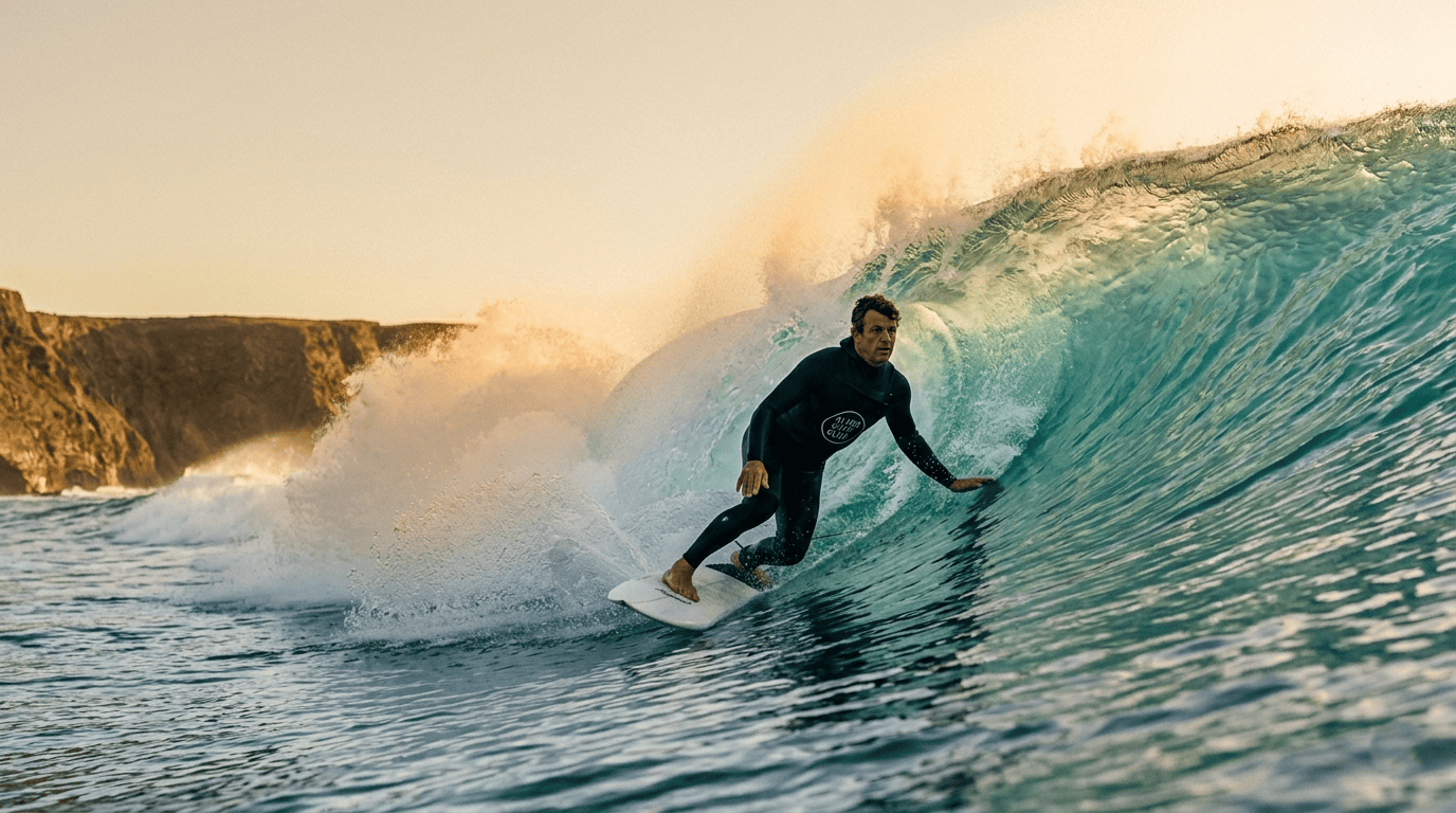 Intermediate surf techniques tips: An experienced surfer leaning into a powerful forehand bottom turn at the transition zone of a wave.
