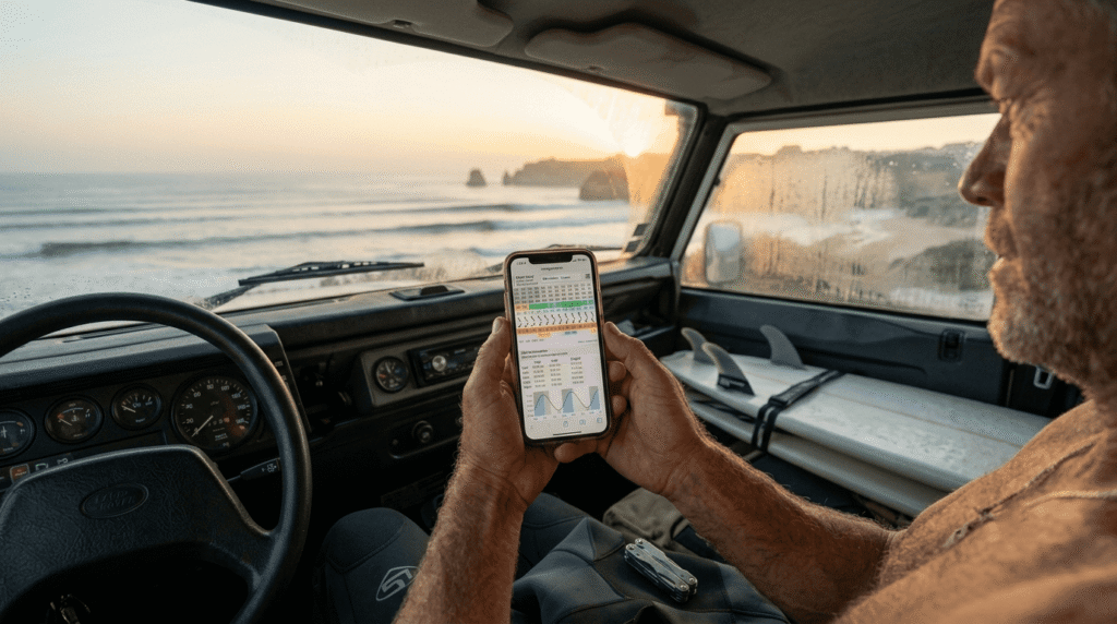 Scoring perfect waves with surf apps: A surfer executing a clean down-the-line trim on a glassy wave at sunset.