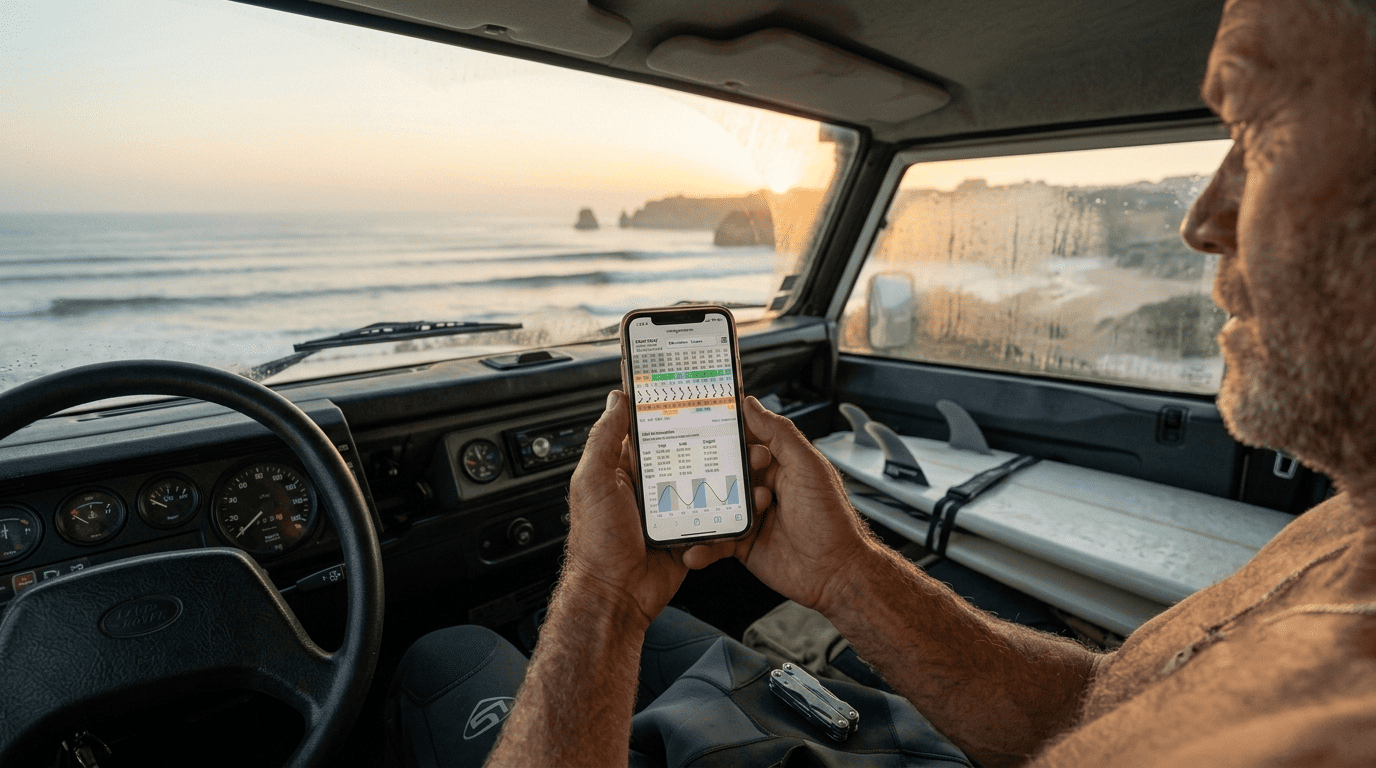 Surf forecast guide: A close-up view of a surfer checking digital wave charts and tide graphs on a smartphone at dawn.