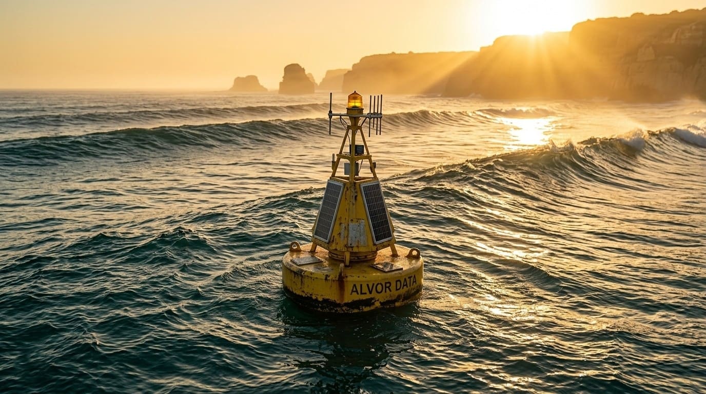 How to read surf forecast charts: A weathered deep-sea weather buoy floating in the ocean as long groundswell lines pass by at sunset.