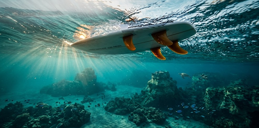 High-performance quad fin setup and generate speed on a wave: An underwater wide-angle view of a surfboard's quad fins generating maximum drive and reducing drag.