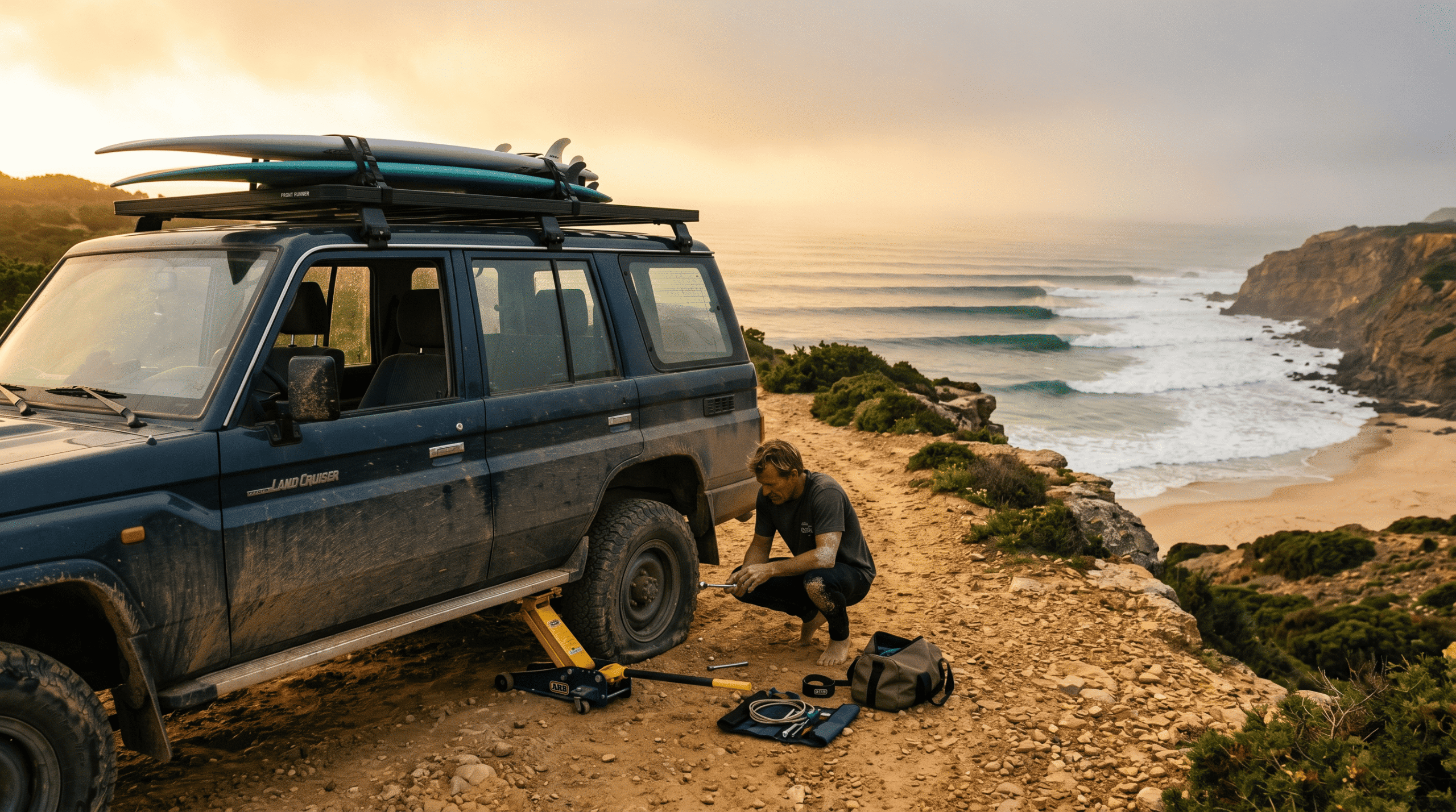 Surf Camps vs DIY Surf Trips: A rugged overland truck with a flat tire on a dirt road overlooking an empty point break.