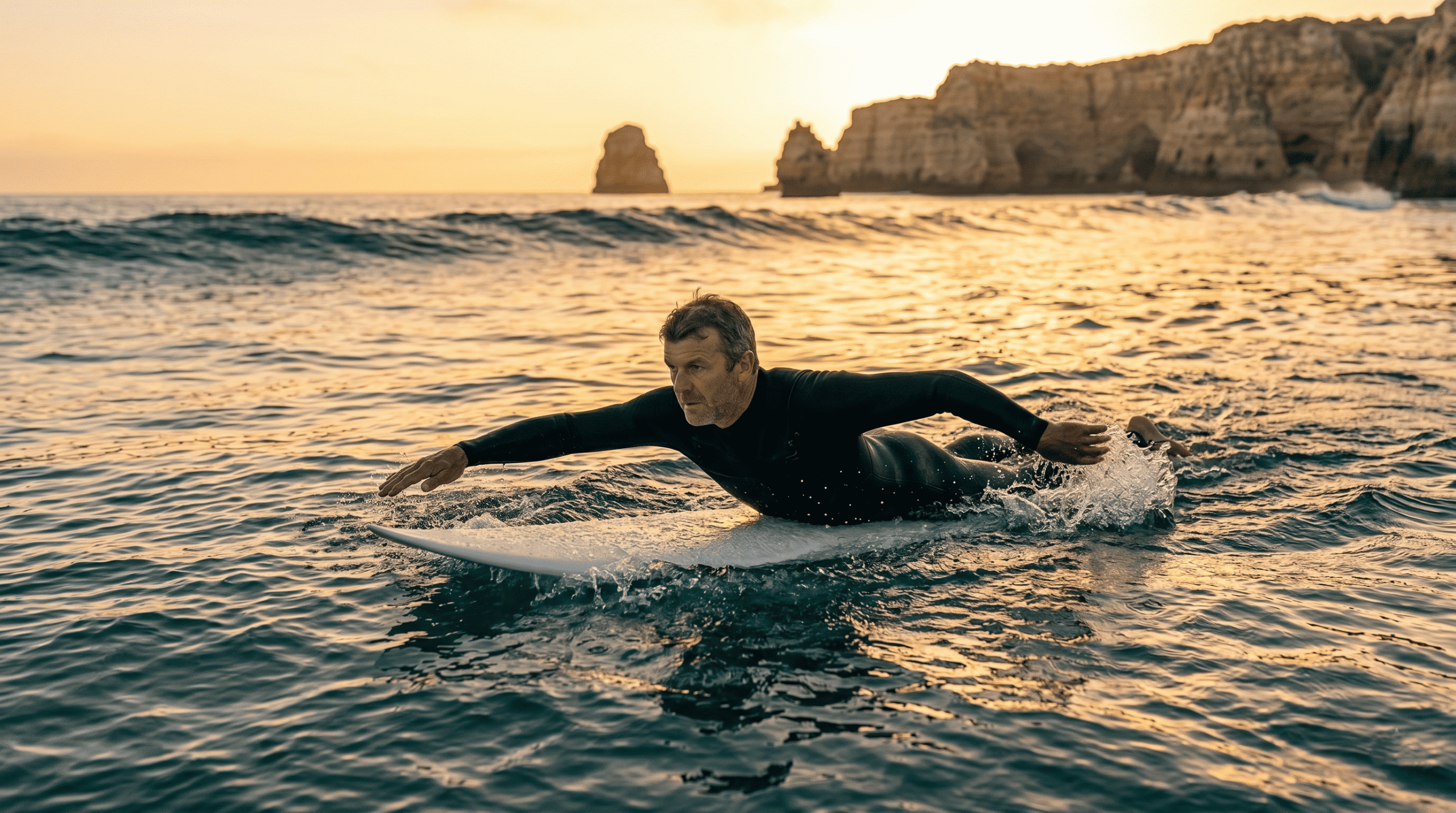 low morning sun cuts through the light sea mist, casting a warm amber and gold glow across the water droplets on the board and the surfer's skin