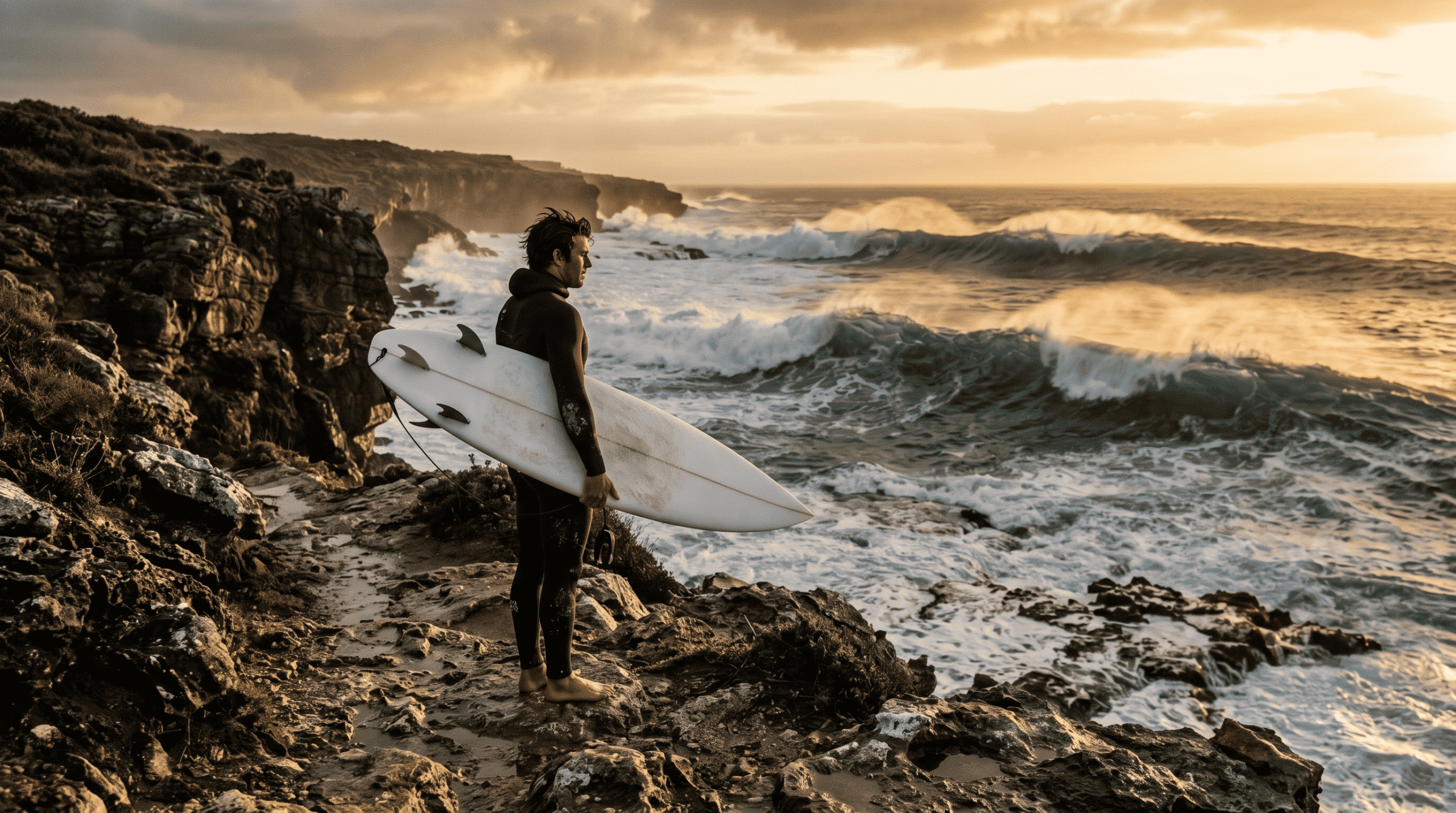 Bigger waves surf training and safety: A surfer observing a powerful reef break from a cliffside trail at sunset.