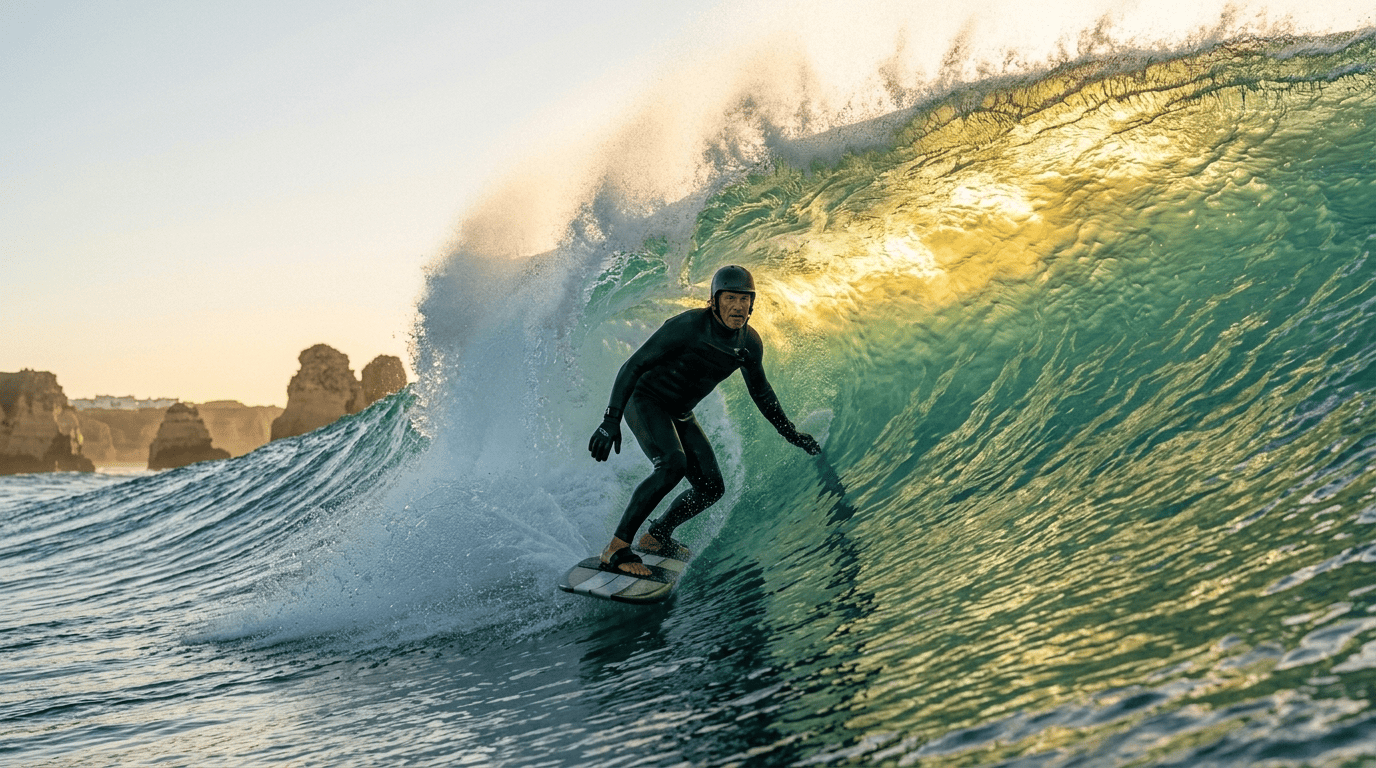 Big wave tow-in surfing: A wide-angle shot of a surfer executing a high-speed down-the-line trim on a massive wave face.