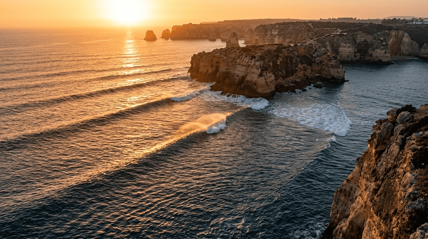 Understanding swell wind and tide: A wide-angle view of an intermediate surfer sitting on their board in a quiet lineup as clean waves break over a shallow reef.