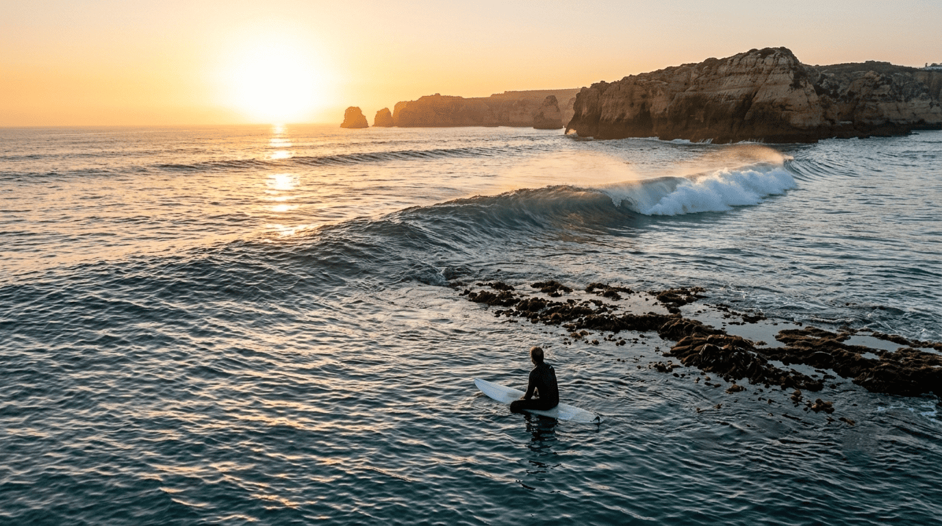 How to read surf forecasts: A wide-angle view of organized ocean groundswell lines wrapping around a rocky headland at sunset.