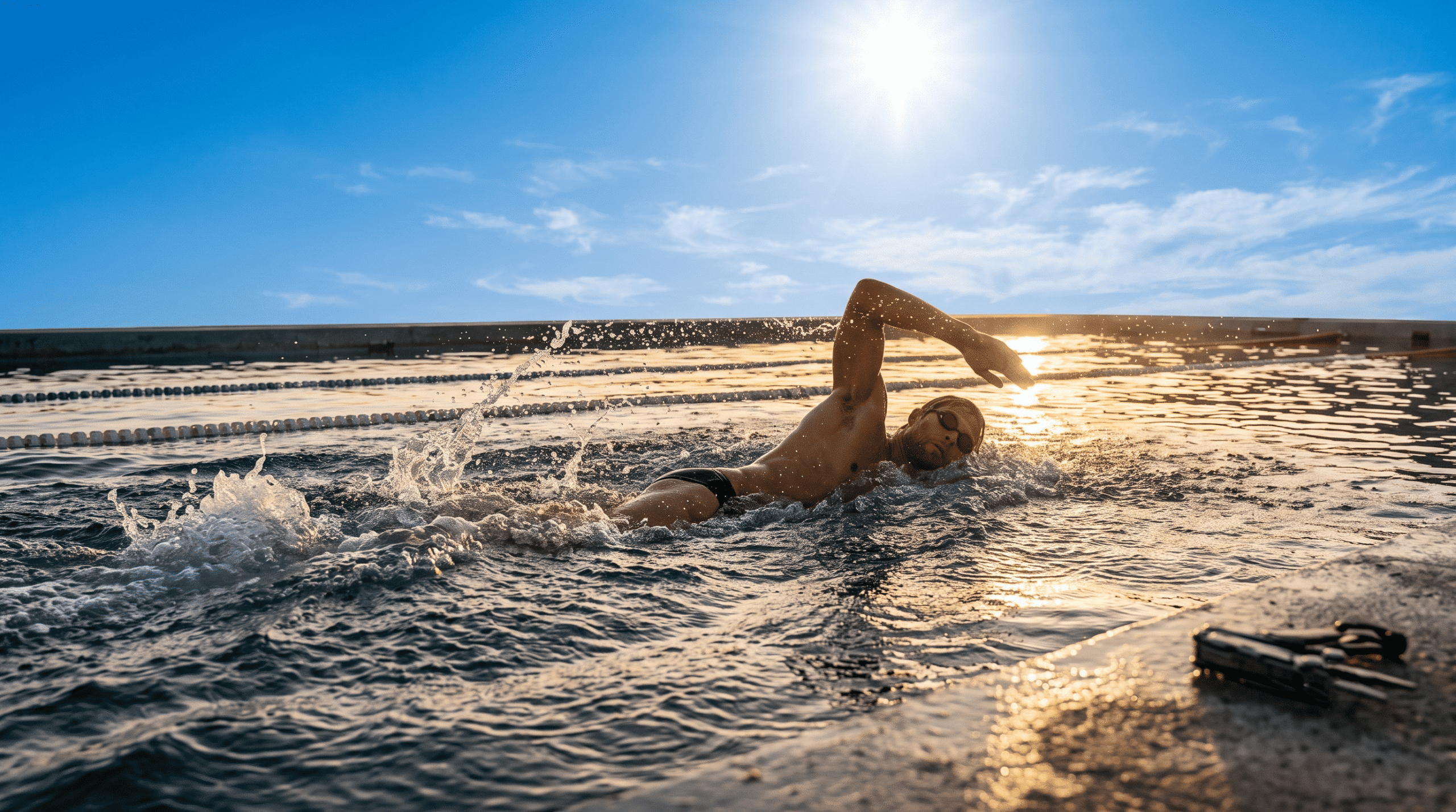Swimming cross-training for surfing: A wide-angle view of a swimmer executing powerful freestyle strokes in an outdoor lap pool at sunset.
